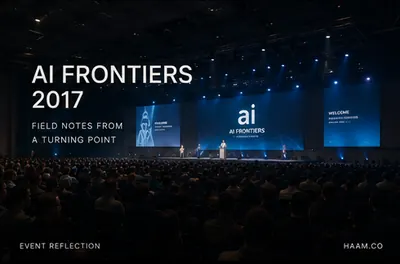 A speaker on stage at AI Frontiers 2017 in Santa Clara, with the event backdrop and audience visible.