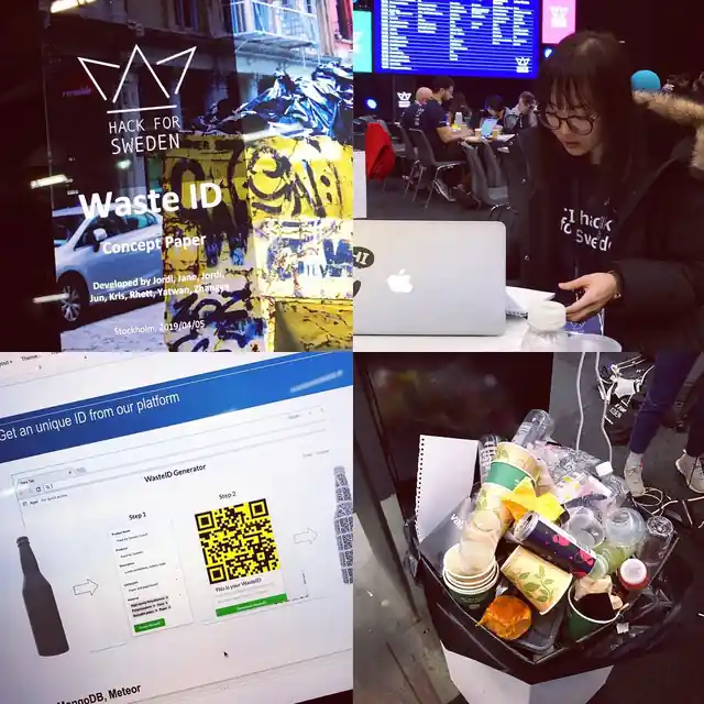 A four-panel archive collage from Hack for Sweden 2019 showing the Waste ID concept paper, a team member working at a laptop, the WasteID QR generator prototype, and a bin filled with event waste