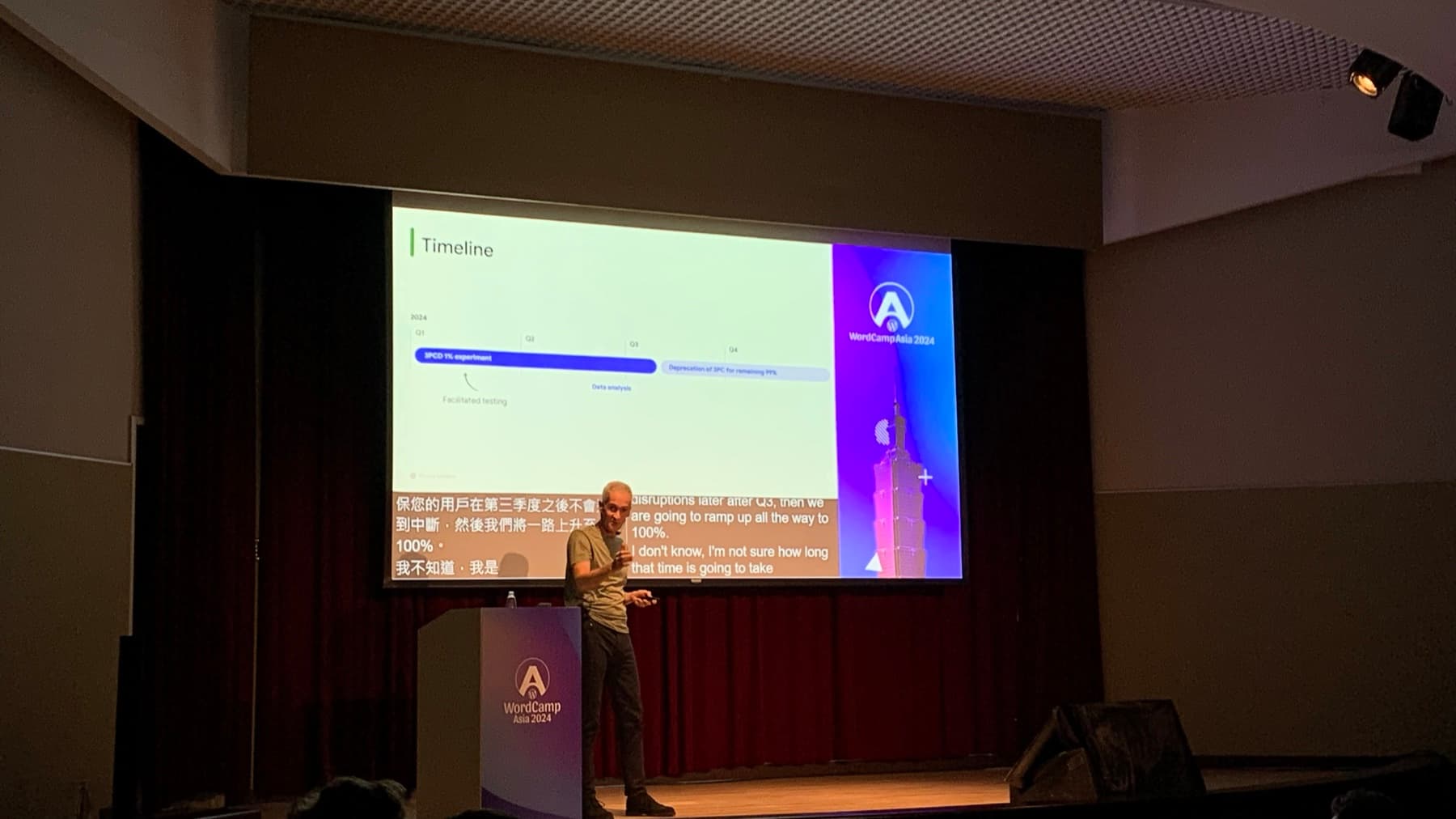 A WordCamp Asia 2024 breakout-room talk with English and Chinese captions projected below a timeline slide.