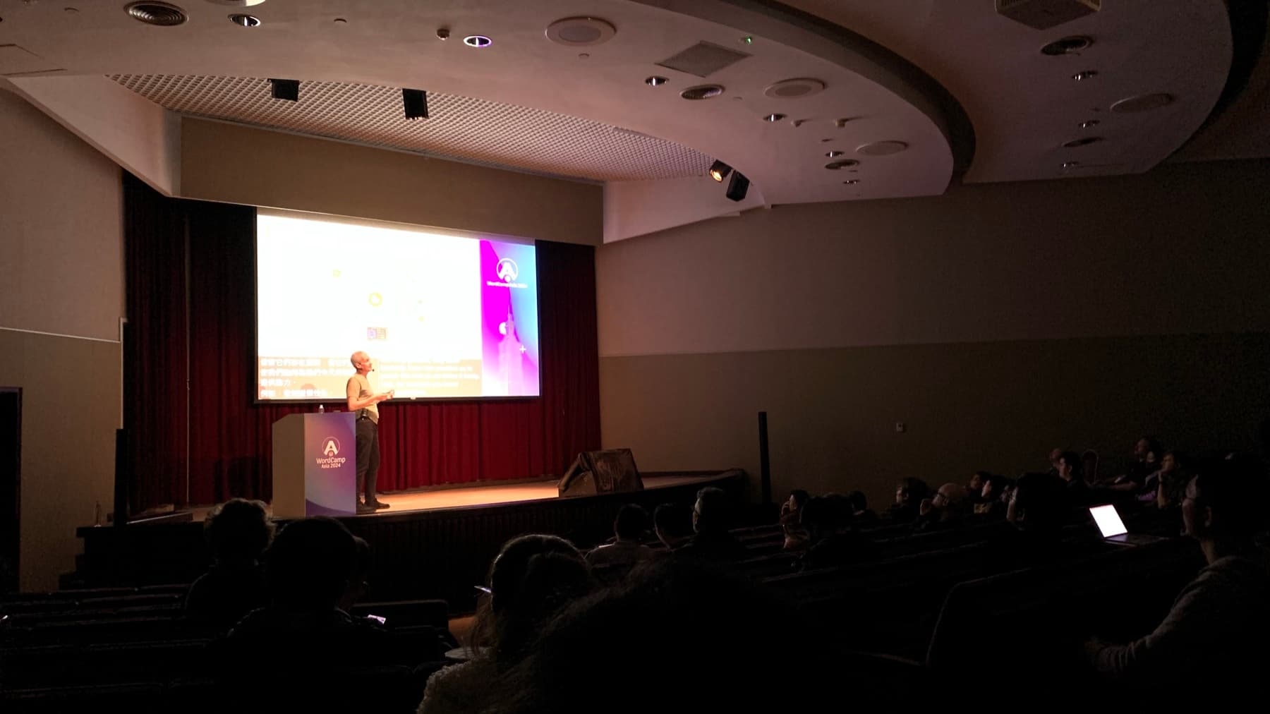 A WordCamp Asia 2024 breakout-room speaker presenting to an audience in a dim room.