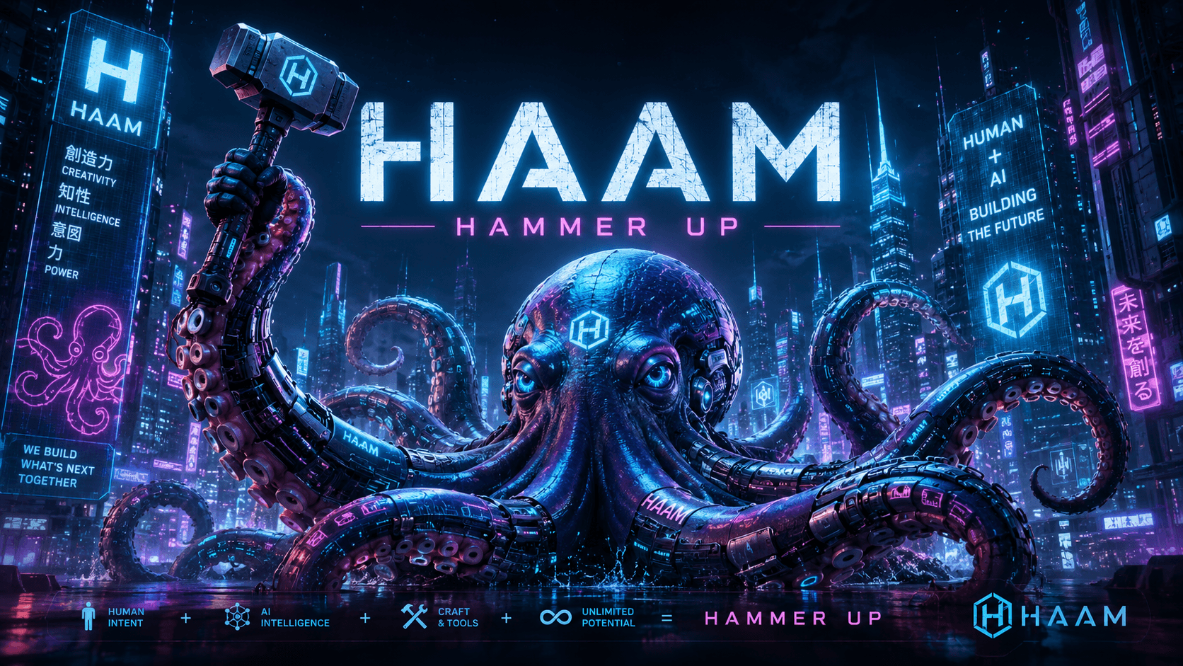 HAAM octopus lifting a glowing hammer in a neon cyberpunk city.