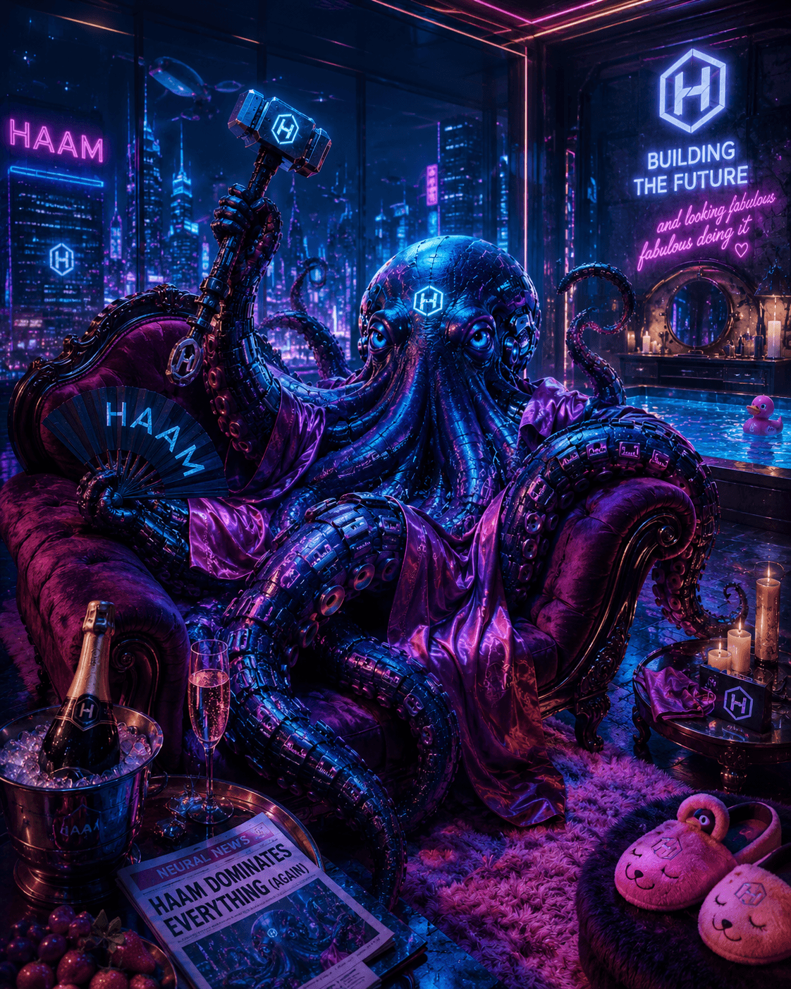 HAAM octopus relaxing in a neon lounge with slippers, champagne, and a hammer.
