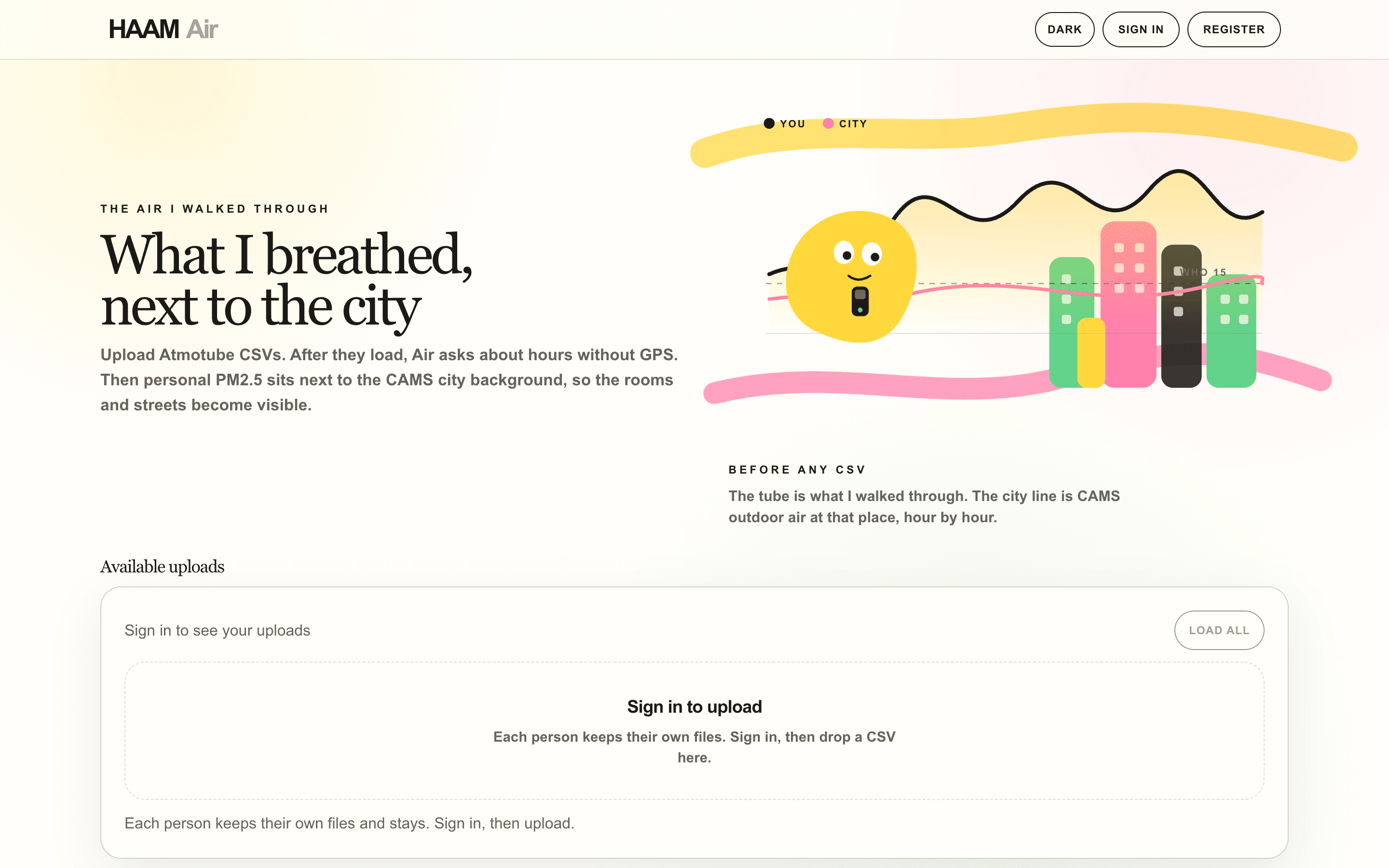 HAAM Air landing page with the signed-out upload area next to the city illustration.