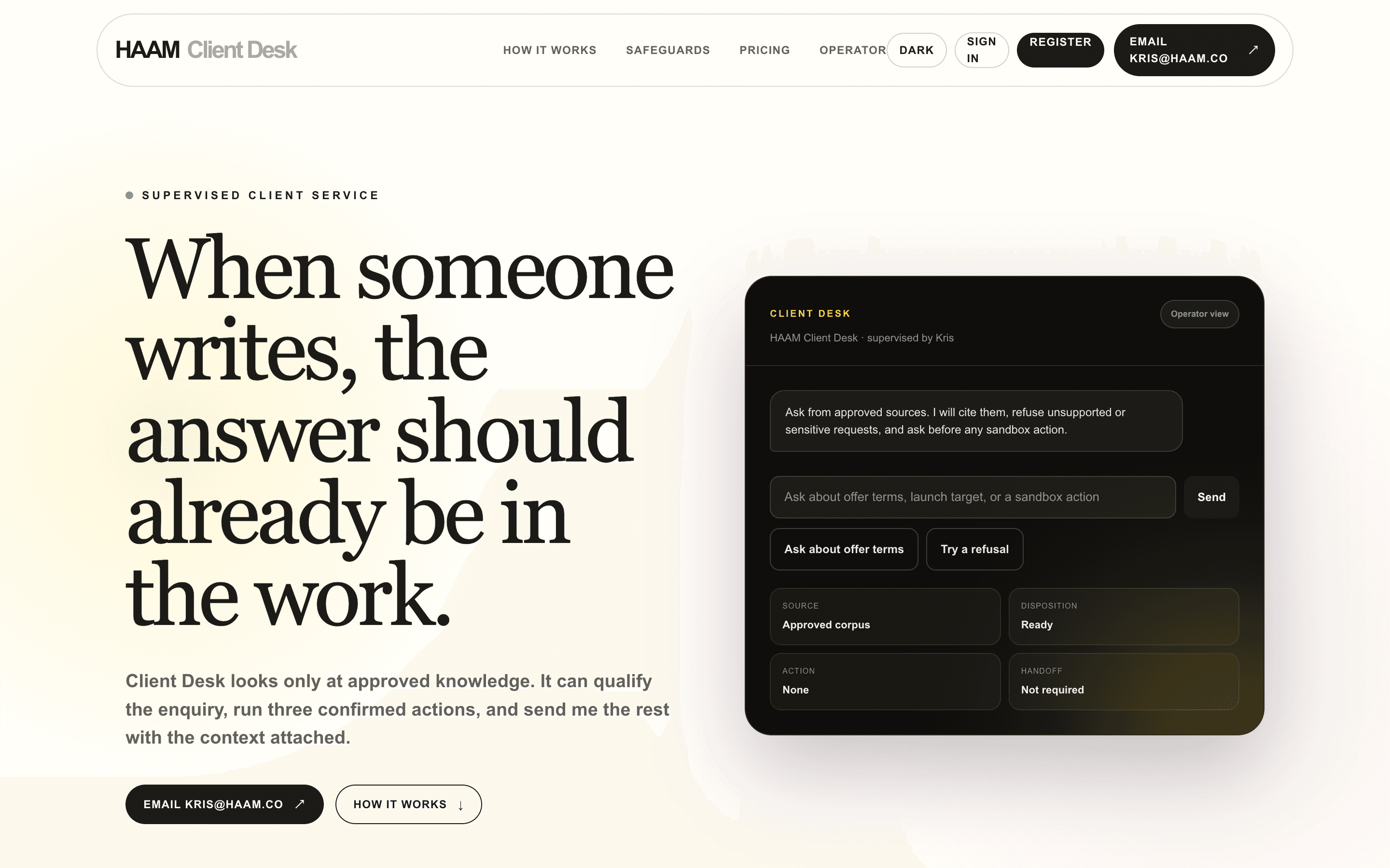 Client Desk landing page with the dark operator widget beside the headline.