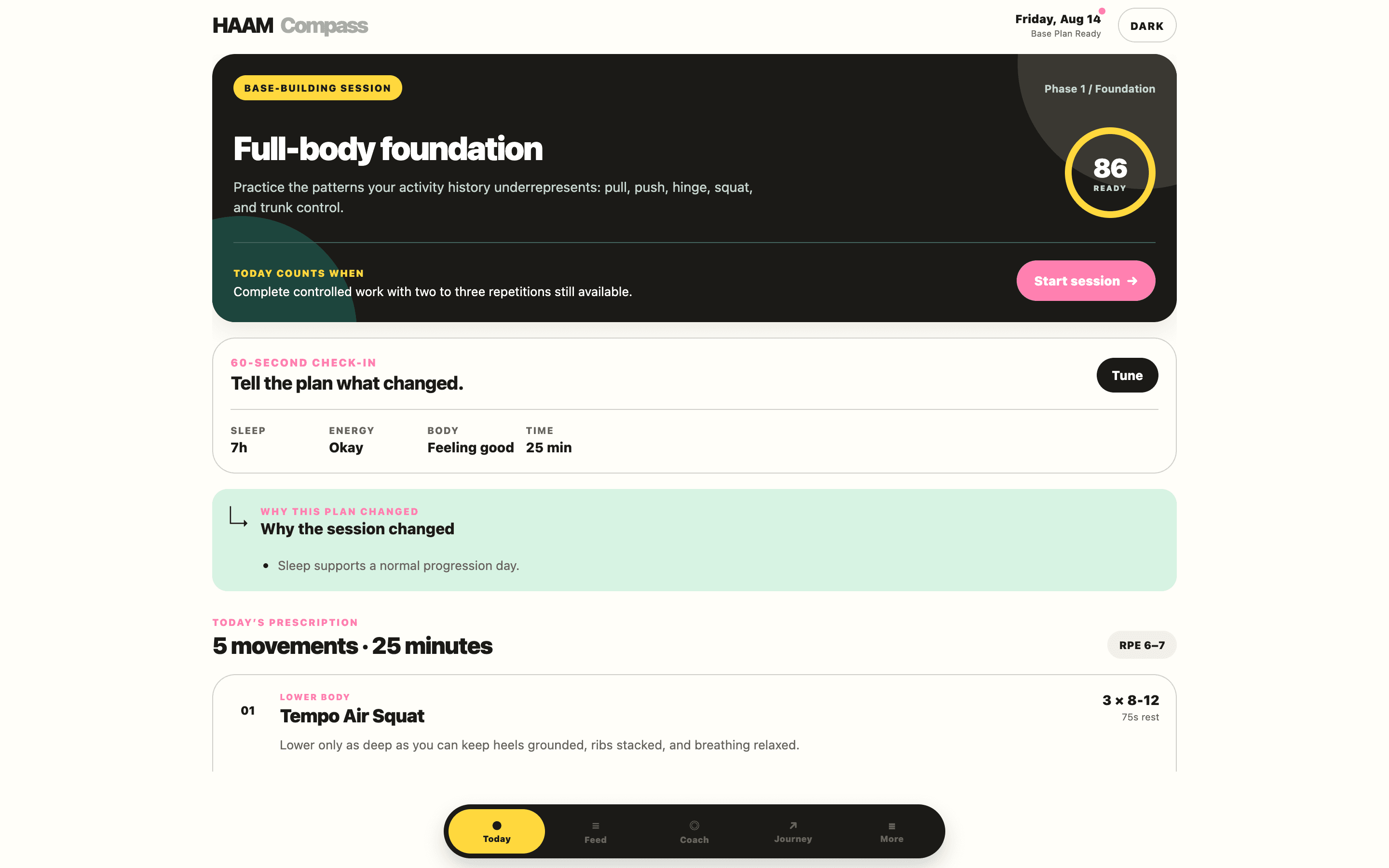 Compass Today view with a full-body foundation session, readiness score, and the reasons for the plan.