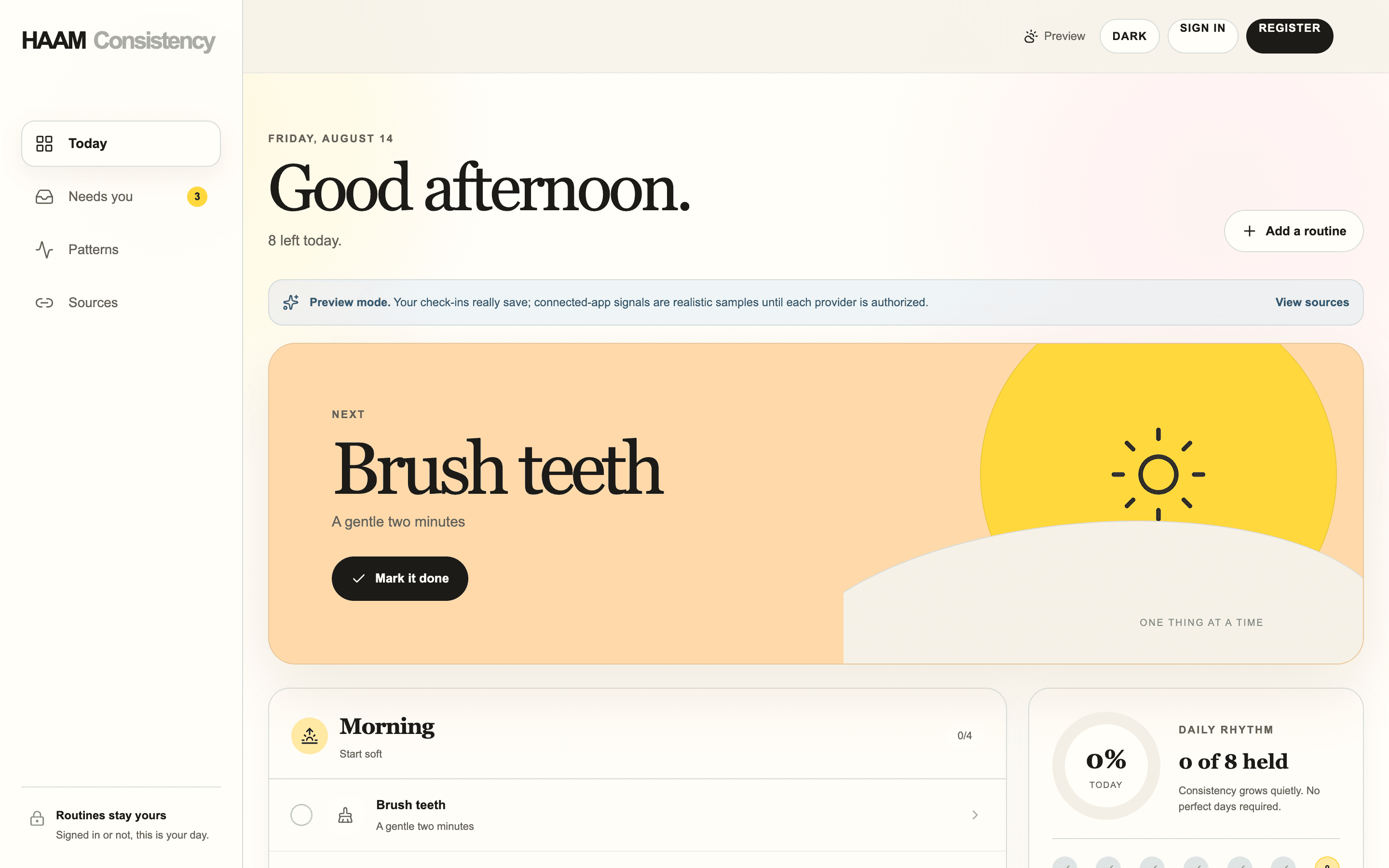 Consistency Today view with Brush teeth as the next routine and the morning list waiting for a tap.