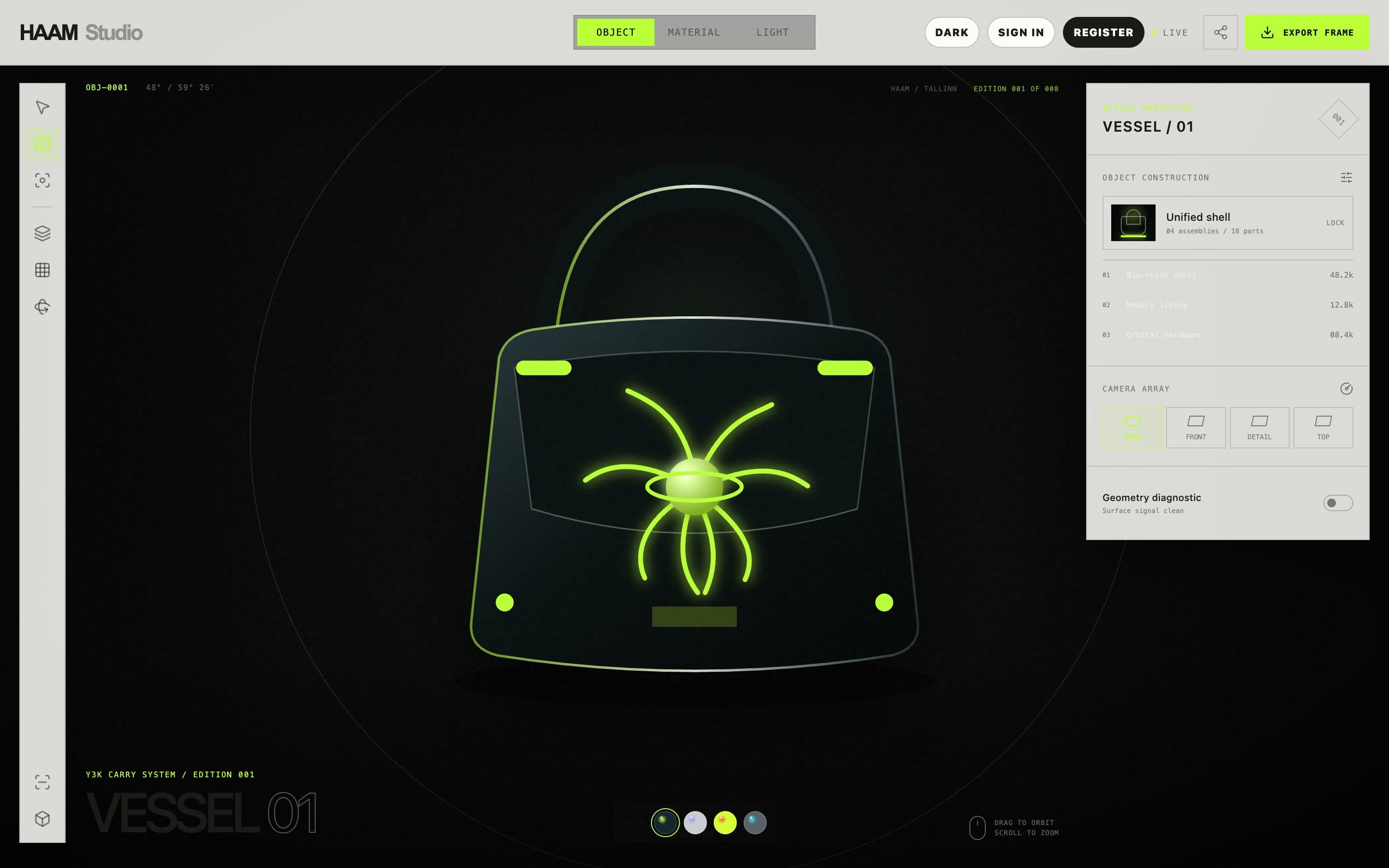 Product Studio with Vessel 01 in the 3D viewport, object mode, and the prototype panel open.