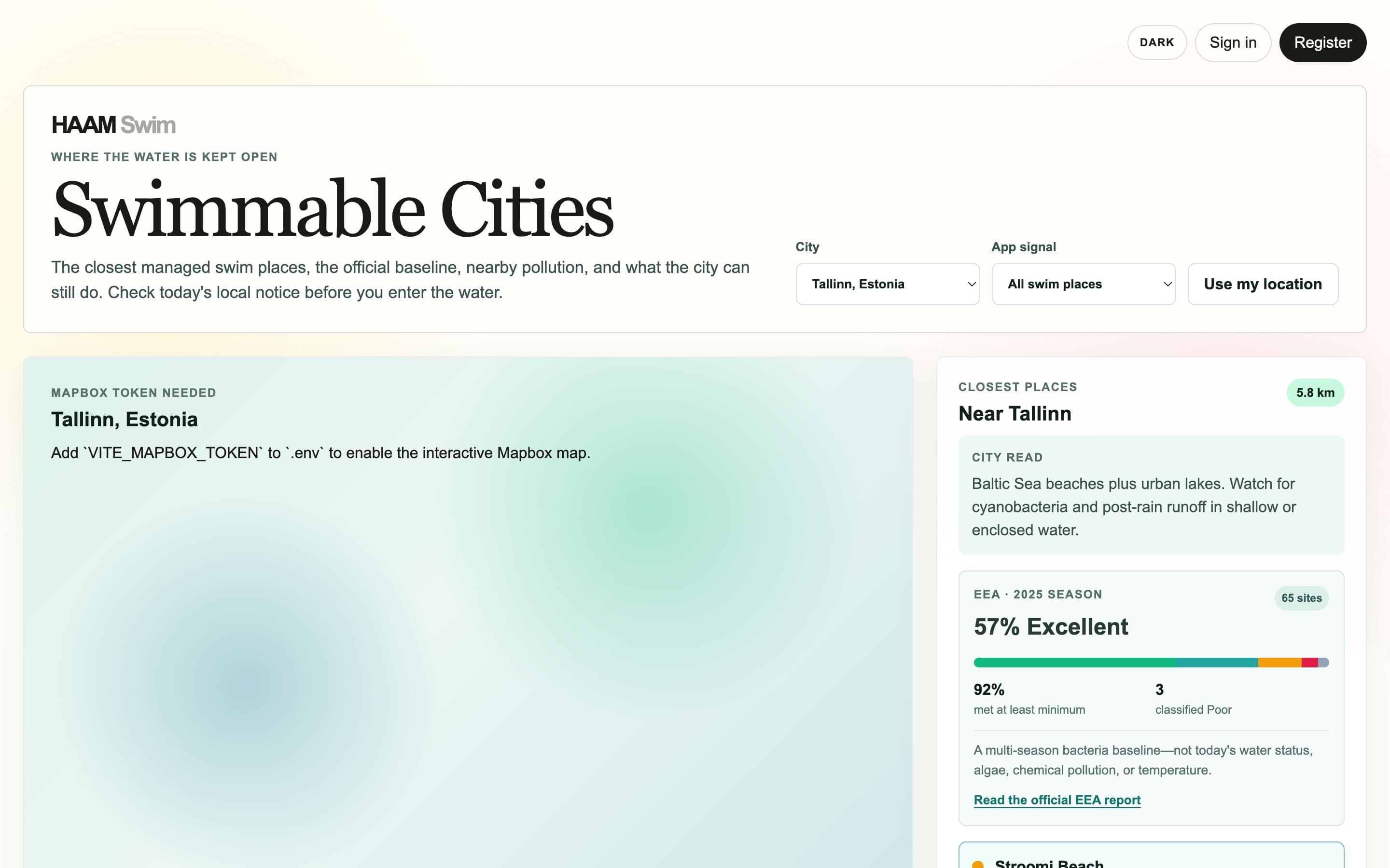 Swimmable Cities Tallinn view with the EEA 2025 baseline and the map waiting on a Mapbox token.