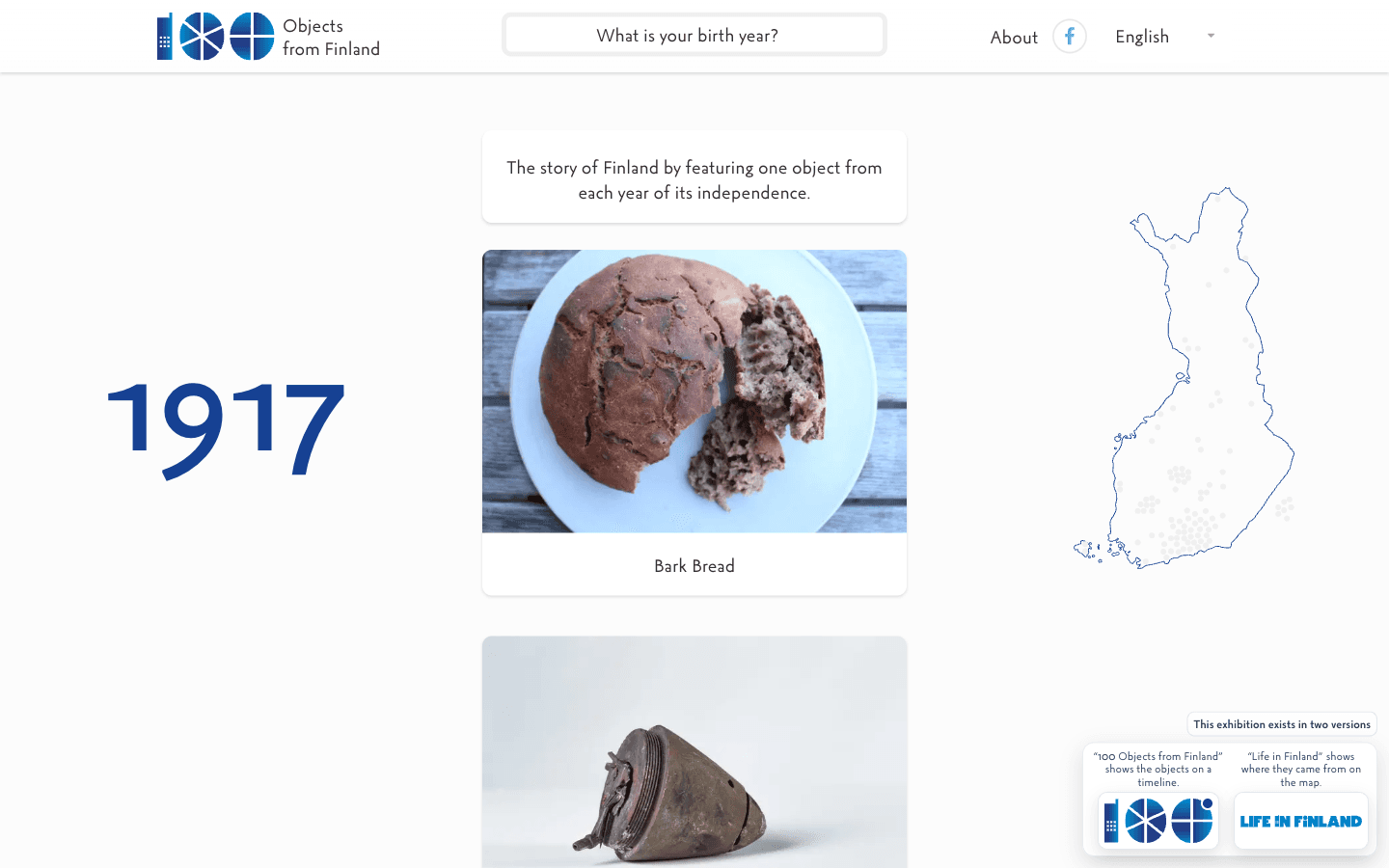 Screenshot of the 100 Objects from Finland website homepage