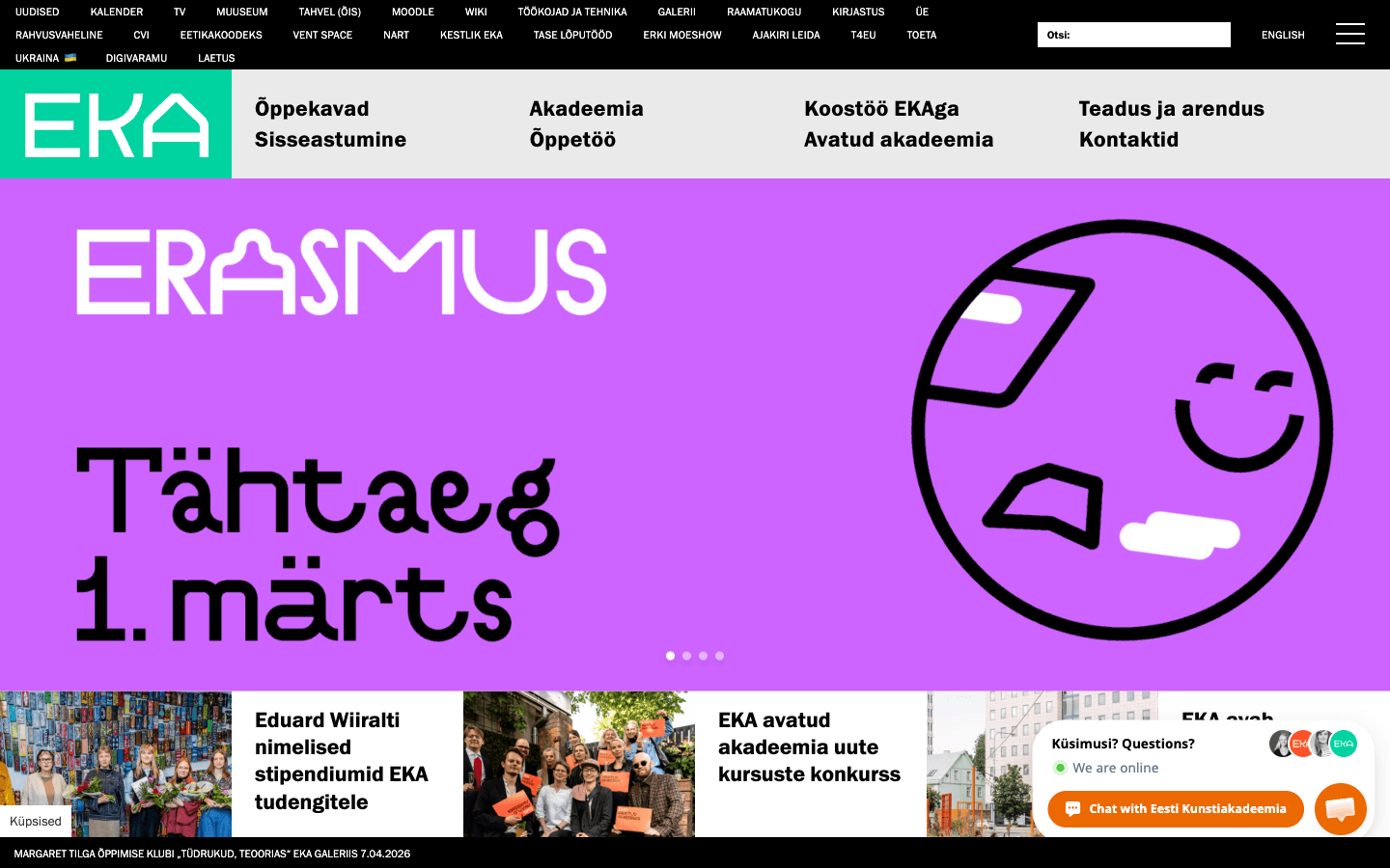 Screenshot of the Estonian Academy of Arts website homepage