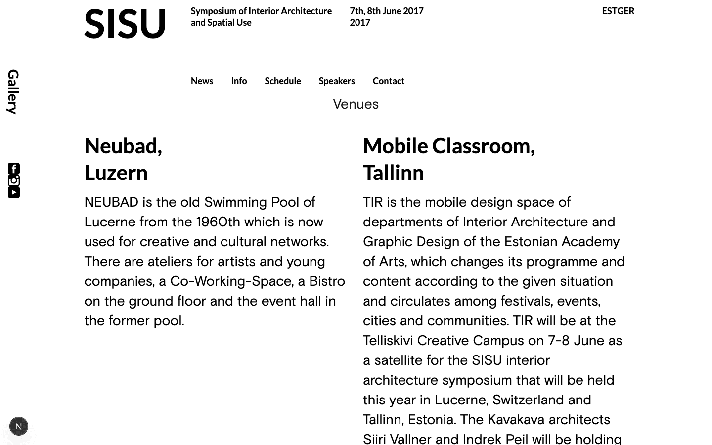 The SISU 2017 homepage, listing the Neubad in Lucerne and the mobile classroom in Tallinn side by side as the two venues.
