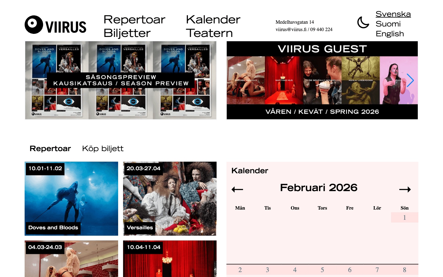 Screenshot of the Viirus Theatre website homepage